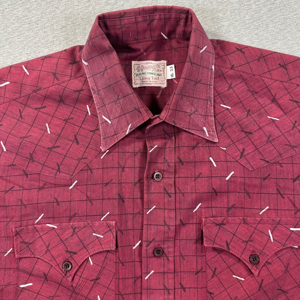 VTG H Bar C Ranchwear Shirt Men 16 33 Grid Dash AOP Western Long Tail USA Made